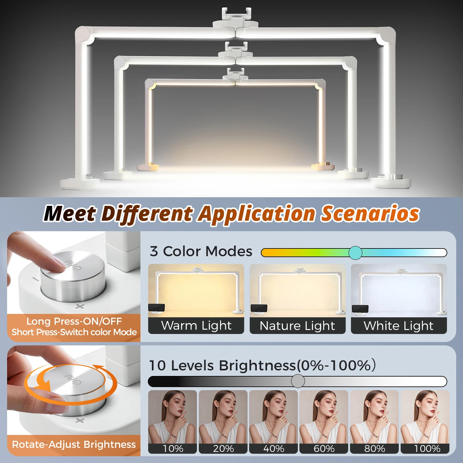 네일 속눈썹 연장을위한 하프 문 LED 램프 문신 접이식 디밍 따뜻한/흰색 독서 뷰티 데스크 램프 (전화 클립 포함)