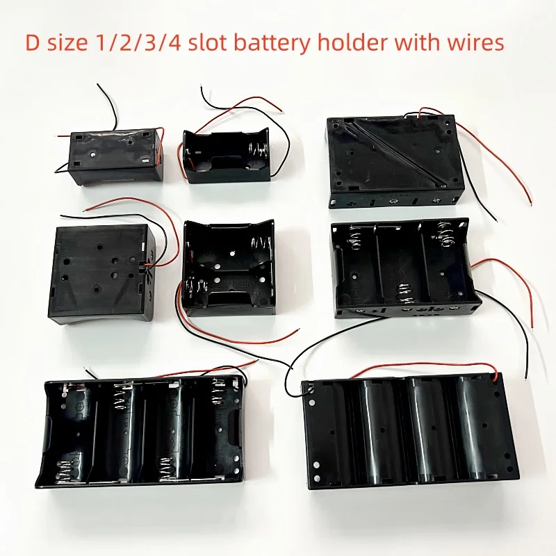 Suporte de bateria tipo tamanho D, 1/2/3/4 slots, célula de suporte de bateria tamanho D com fios, caixa de bateria durável
