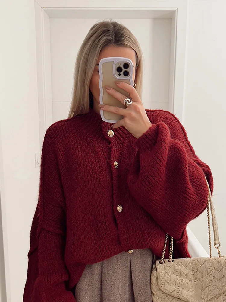 Casual Burgundy Red Oversized Knitted Cardigan For Women Elegant Lantern Sleeve Single Breasted Sweater Autumn Lady New Knitwear