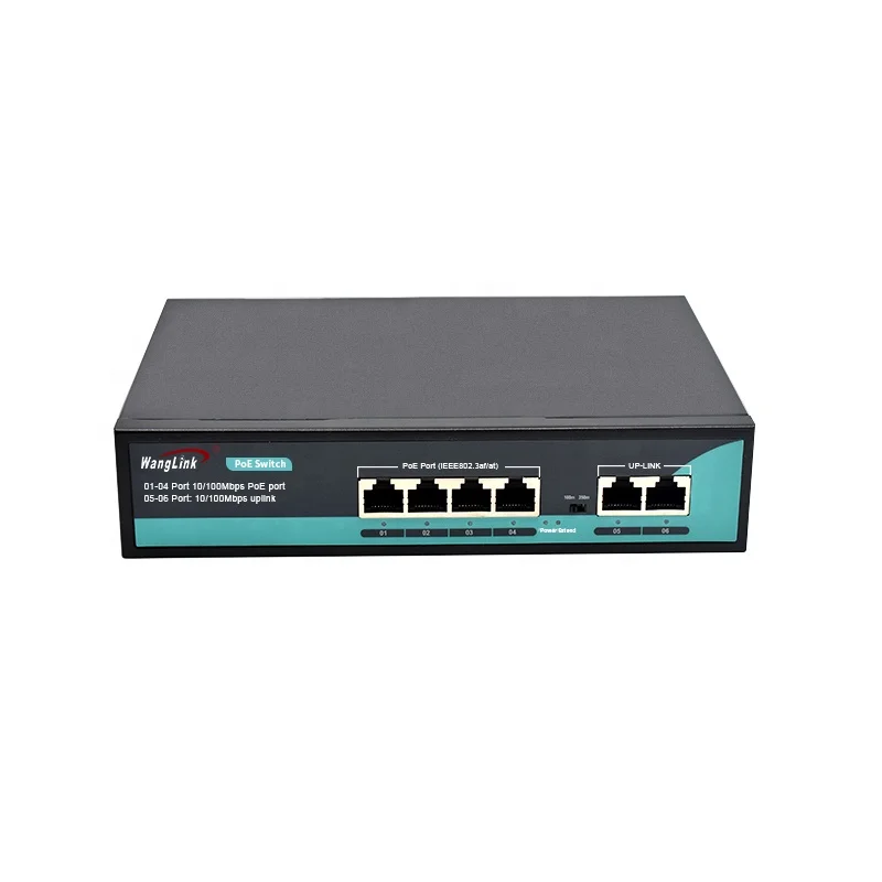 Wanglink 96W 6-Port AI PoE Switch with 4 Long Reach 250m PoE Ports and 2 Uplink Ports, 6KV Surge Protection/AI Watchdog