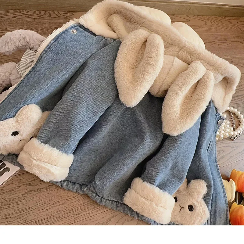 Autumn Winter Thicken Warm Baby Girls Denim Jacket Cute Plush Rabbit Ears Hooded Coats For Girl Children Outerwear Clothing 2-8Y