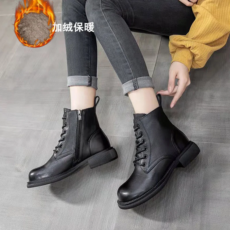 New Top Layer Cowhide Mid Heel Chunky Heel Martin  Ankle   Zipper Casual Ankle  Cotton    Simple