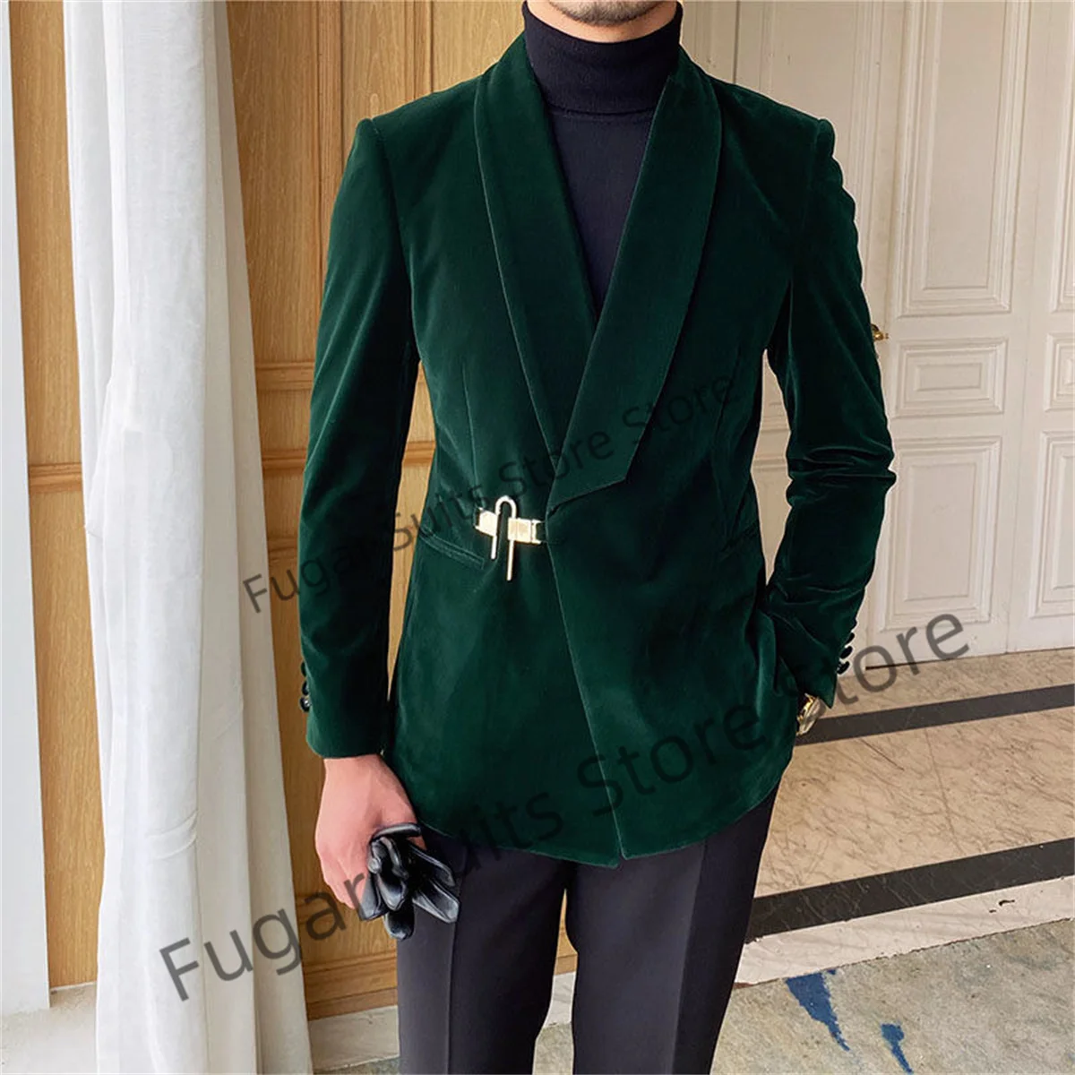 

High Qublity Green Velvet Men Suits Navy Blue Pants Shawl Lapel Wedding Groom Tuxedos Prom2 Pieces Sets Traje Formal Para Hombre