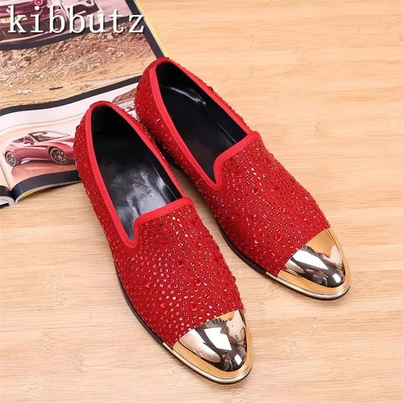 Luxury Rhinestone Men Loafers Metal Pointed Toe Genuine Leather Male Party Dress Shoes Slip On Casual Flats Shoes