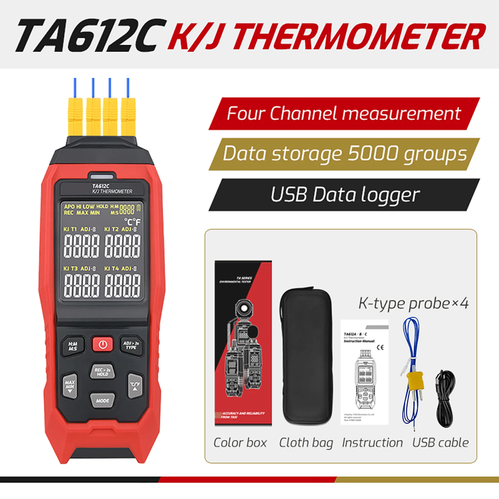 

TASI TA612C 4 Channels K/ J Type Thermocouple Thermometer -200~1372℃/ -328~2501℉ Handheld Digital LCD Temperature Meter 5000 Gro