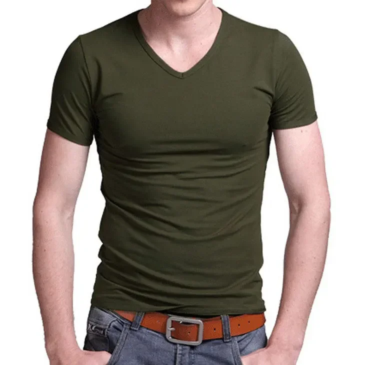 2026 Stretch V Collar Mens T Shirt Solid Color Short Sleeved T-Shirt For Male Men Tights Slim Tshirt