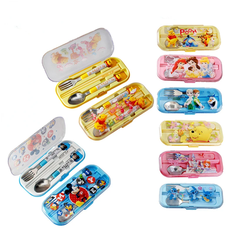 Disney Mickey Princess Spiderman Tableware Set Frozen Cartoon Stainless Steels Kids Spoon Fork chopsticks Set Travel Cutlery Set