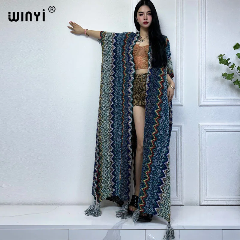 WINYI woman Winter tassel Knitted cardigan coat Loose Classic explosive print hipster party dress Thick Warm maxi Female cloke