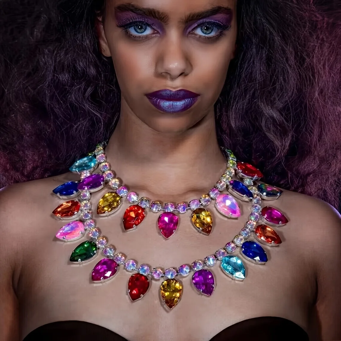 Multicolour Water Drop Crystal Necklace Oversized Statement Layered Rhinestone Choker Necklace for Women Holiday Party Jewelry