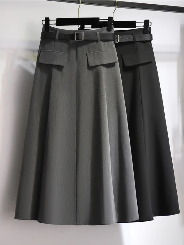 Gray Suit Style Pleated Skirt Elastic Waist A-Line Midi Skirt Spring Summer New Style Korean Style Casual Slimming Skirt
