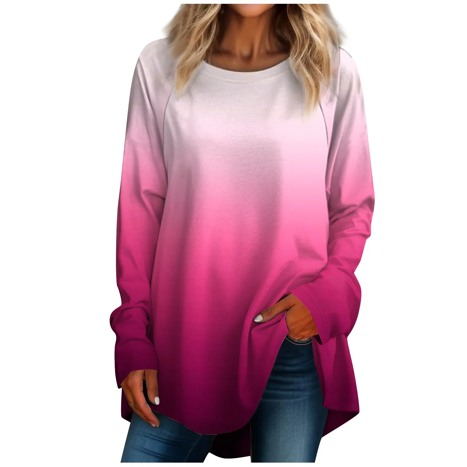 Y2k-Sudadera con capucha de Color degradado para mujer, Jersey holgado de manga larga con cuello redondo, talla grande, estilo informal, a la moda