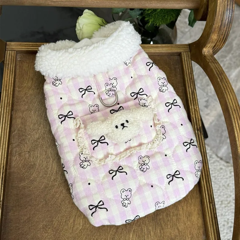 Small Bear Bow Pattern Pet Cotton Coat Winter Teddy  Warm Down Jacket Bichon Cute Four-Legged Coat Cartoon Dog Clothes view 4