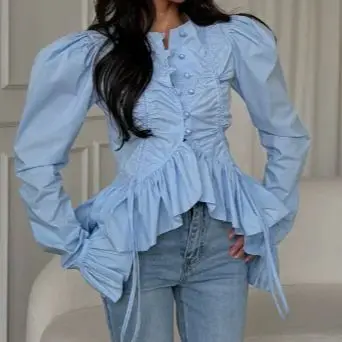 Fashionable Women's Pure-Color Single-Breasted Round-Neck Flared Stitching Long-Sleeved Shirt Top 2026