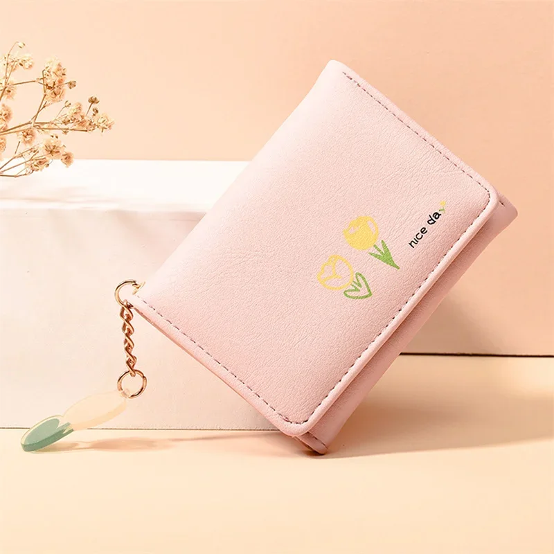 Women Short Wallet Card Wallet Coin Purse, Tulip Pattern, Fashion Multi-slot Wallet with Chain, Women PurseCompact Handy Cartera