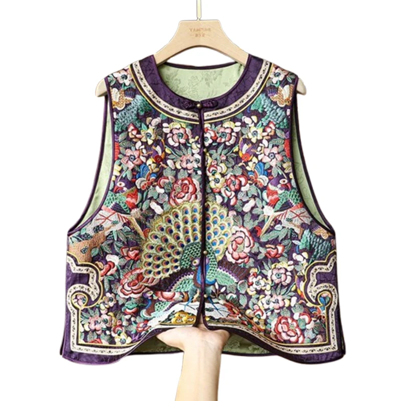 المطرزة سترة المرأة النمط الصيني Vintage سترة بلا أكمام الرجعية مشبك القمم الإناث ربيع الخريف موضة جديدة