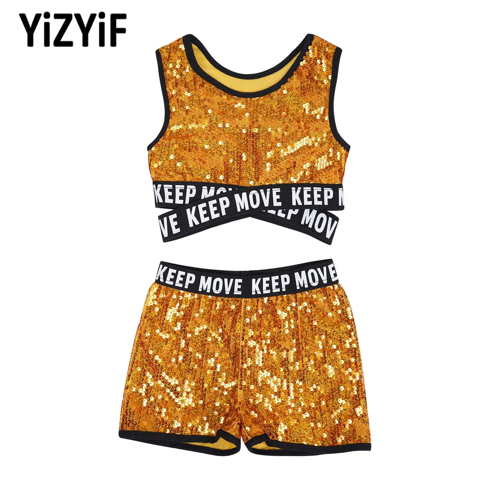 

Kids Girls Criss Cross Straps Crop Top with Shorts Sparkling Sequins Dance Suits Sleeveless Stage Performance Dancewear