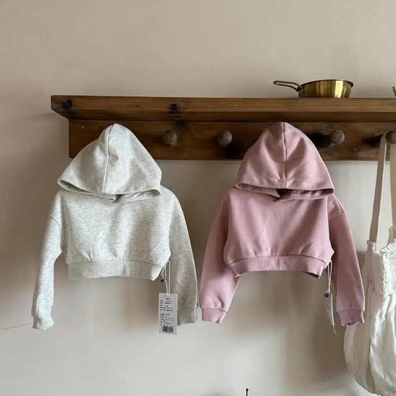 

2025 Autumn New Children Long Sleeve Sweatshirt Solid Girls Hooded Short Tops Cotton Kids Casual Pullover Baby Clothes