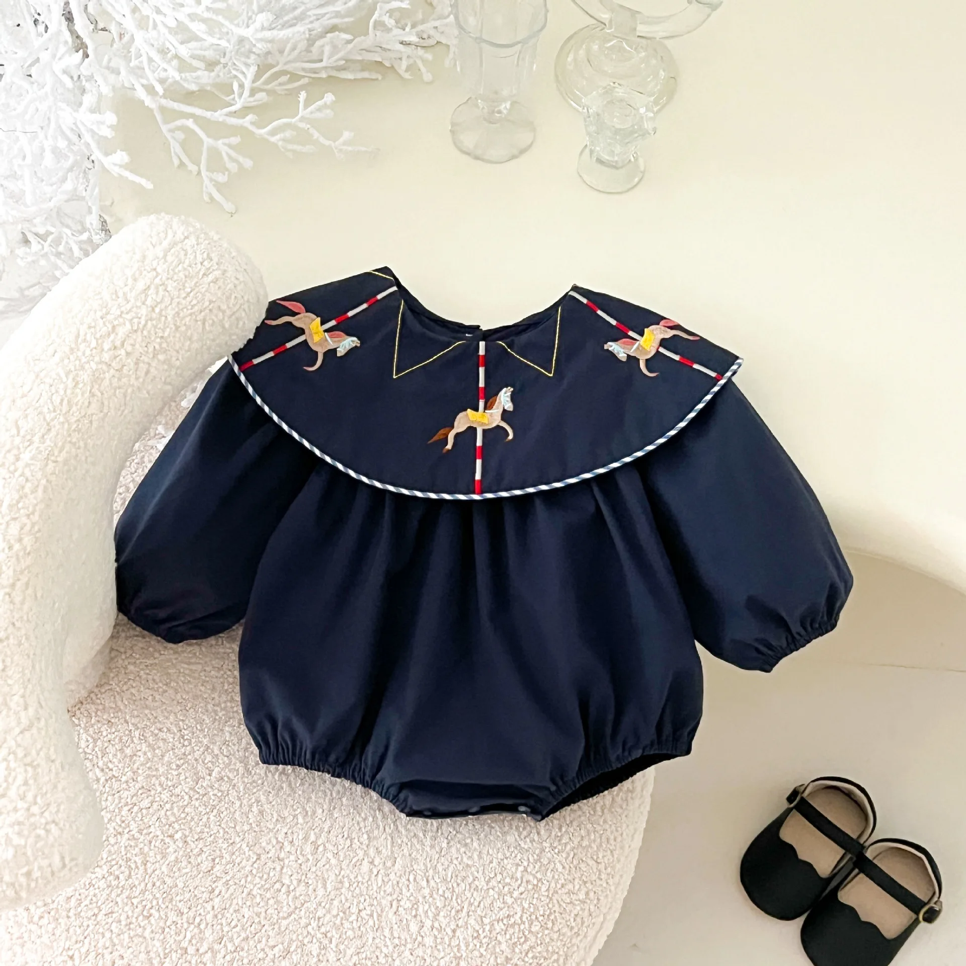 2026 Autumn New Baby Long Sleeve Bodysuit Infant Boy Girl Horse Embroidery Large Lapel Jumpsuit Cotton Newborn Clothes