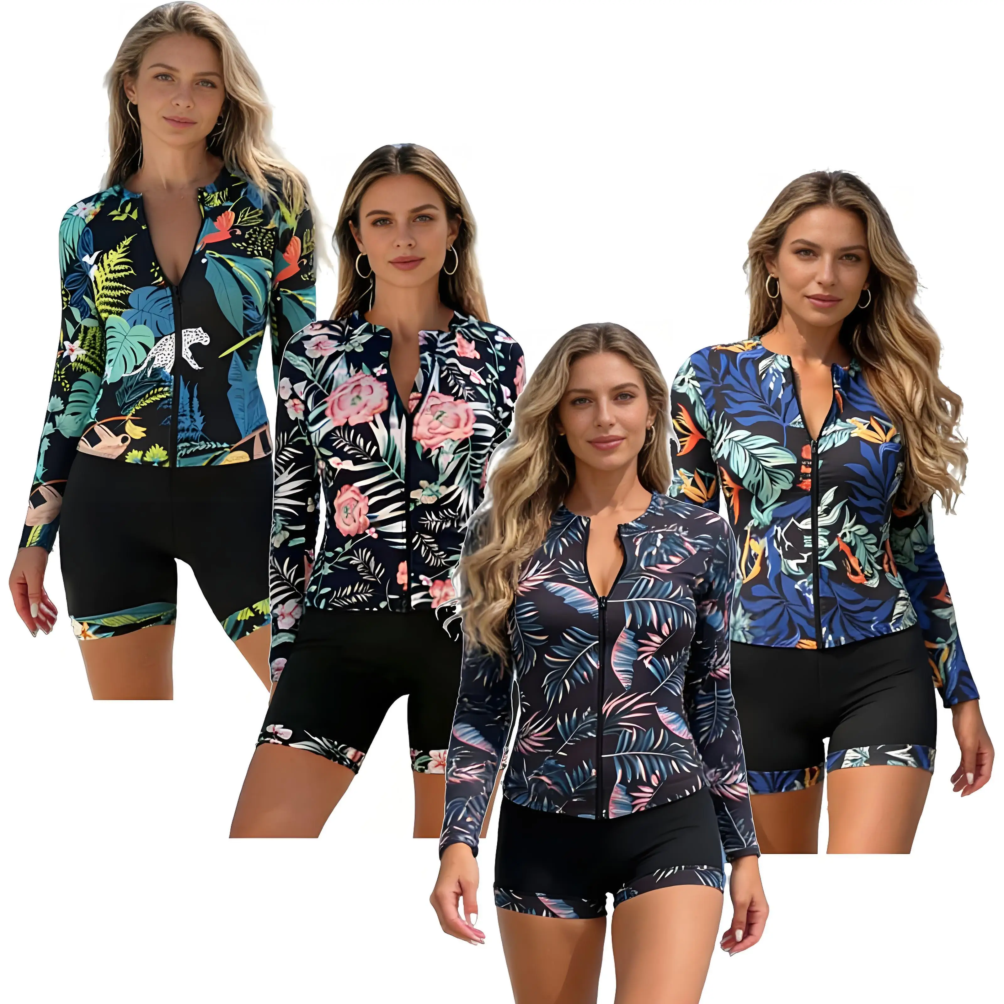 Women Long Sleeve Rush Guard Swimsuits Two Pieces Conventional Swimwear with Zipper Summer Rash Guard Beachwear Boxer Shorts