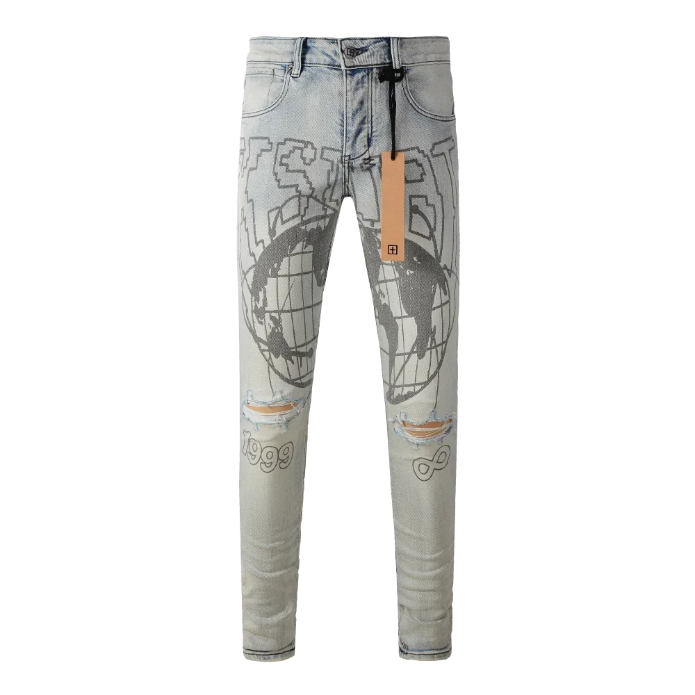 KSUBI Cross Jeans American High Street Paint Hole Trend Low Rise Skinny Denim Pants Pleated Ripped  Jeans 1999