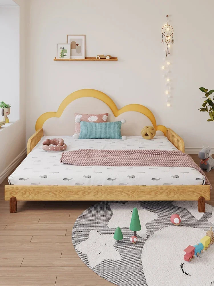 Children's bed boy cloud bed solid wood with guardrail splicing telescopic push-pull widened bed