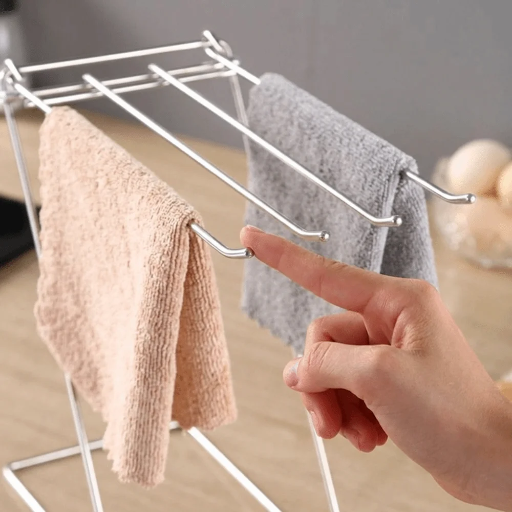 

Stainless Steel Dishcloth Hanging Shelf Foldable Design 4 Rods Kitchen Cloth Drying Rack Quick Dry Multifunctional