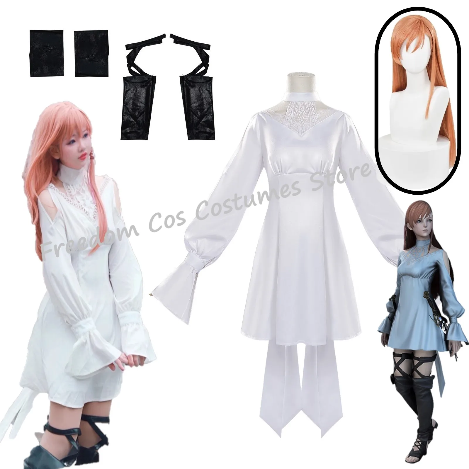 

Game Final Fantasy XIV:A Realm Reborn FF14 Ffxiv Ryne Minfilia Cosplay Costume White Lace Dress Wig Anime Party Woman Sexy Suit