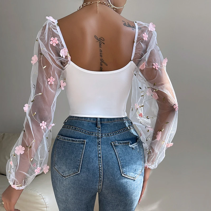 Abrini Women White Lace Cropped Tops Floral Embroidery Backless Y2K T-shirt Long Sleeve Corset Sexy Tank Top Street Camis Summer