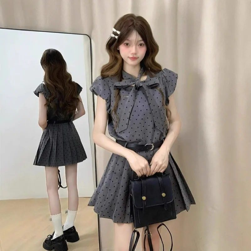 French Gray Polka Dot Small Flying Sleeve Dress Children's Summer 2025 New Small Fresh and Sweet Short Dresses Women's Clothing