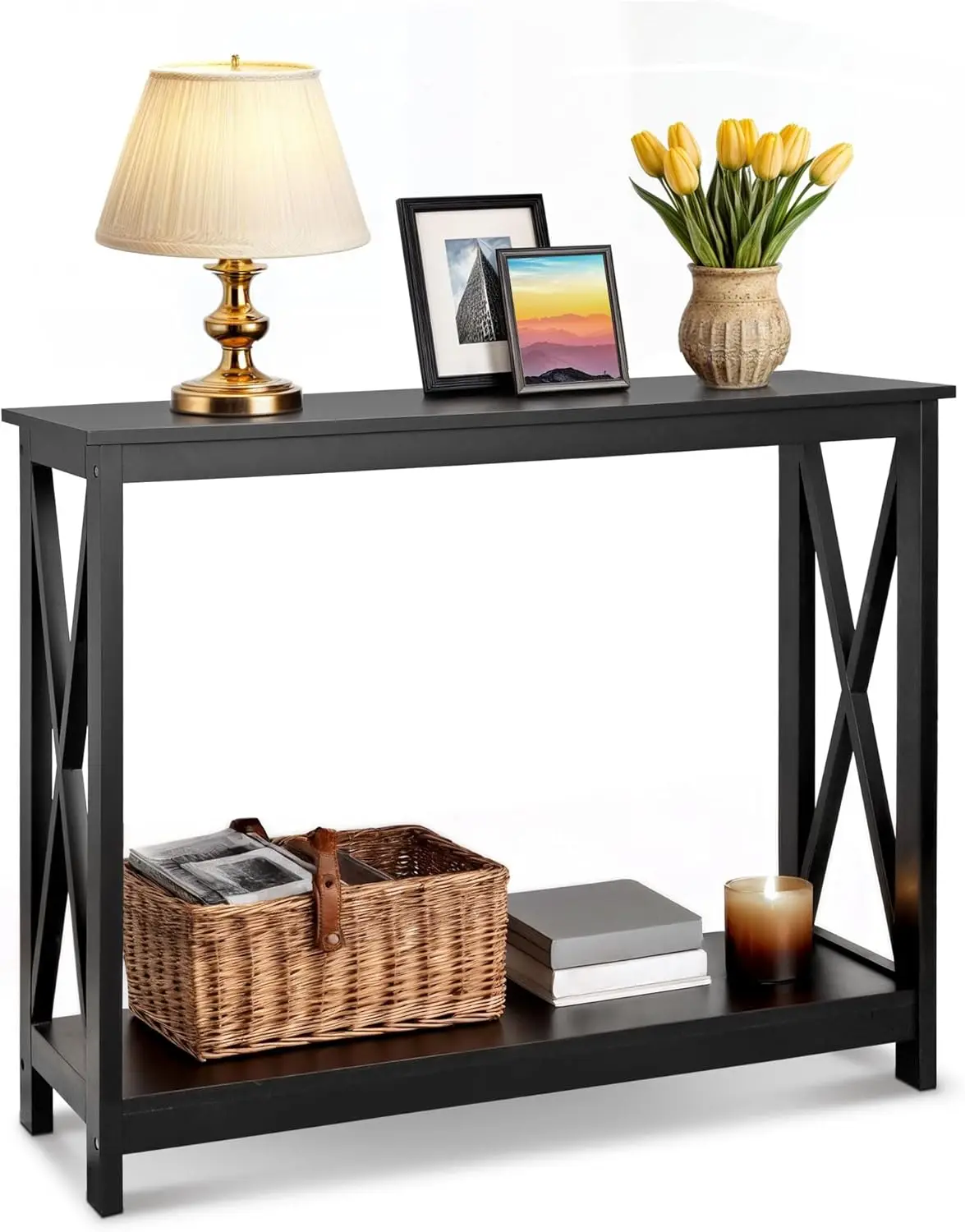 

39.5" Narrow Console Table with 2 Storage Shelves, Black Side Table for Living Room Hallway Office