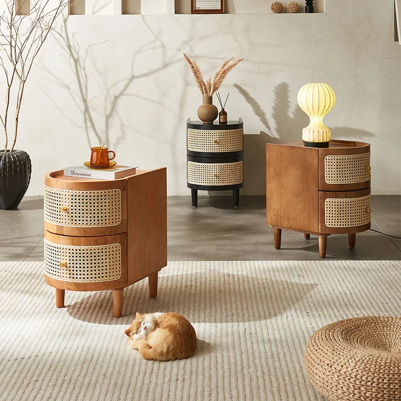 Retro Solid Wood Rattan Bedside Table,living Room Storage Cabinet,Furniture Comfortable Chest of Drawers Bedroom Nightstands