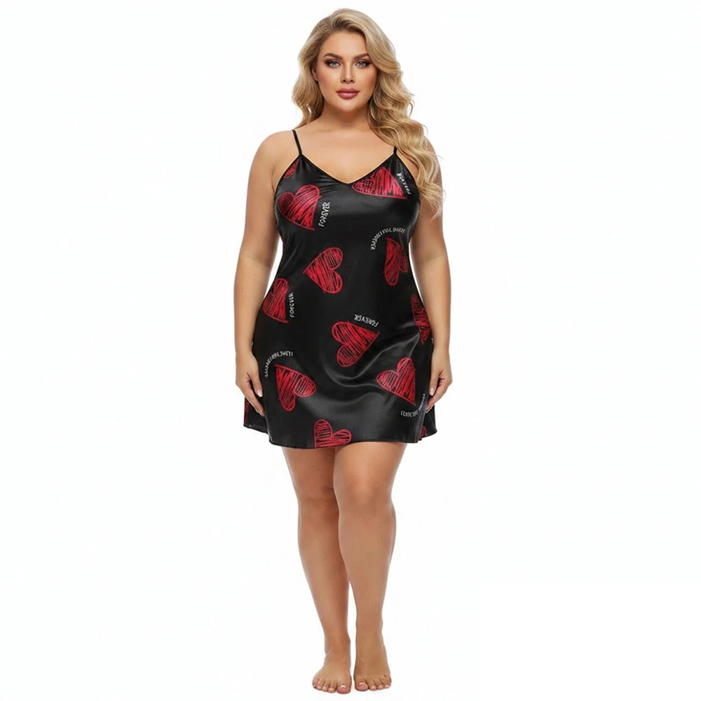 

Women's Pajams Sexy Satin Slip Dress Black with Red Heart Print V-Neck Nightgown Lingerie Sleepwear Summer Loungewear and Dress