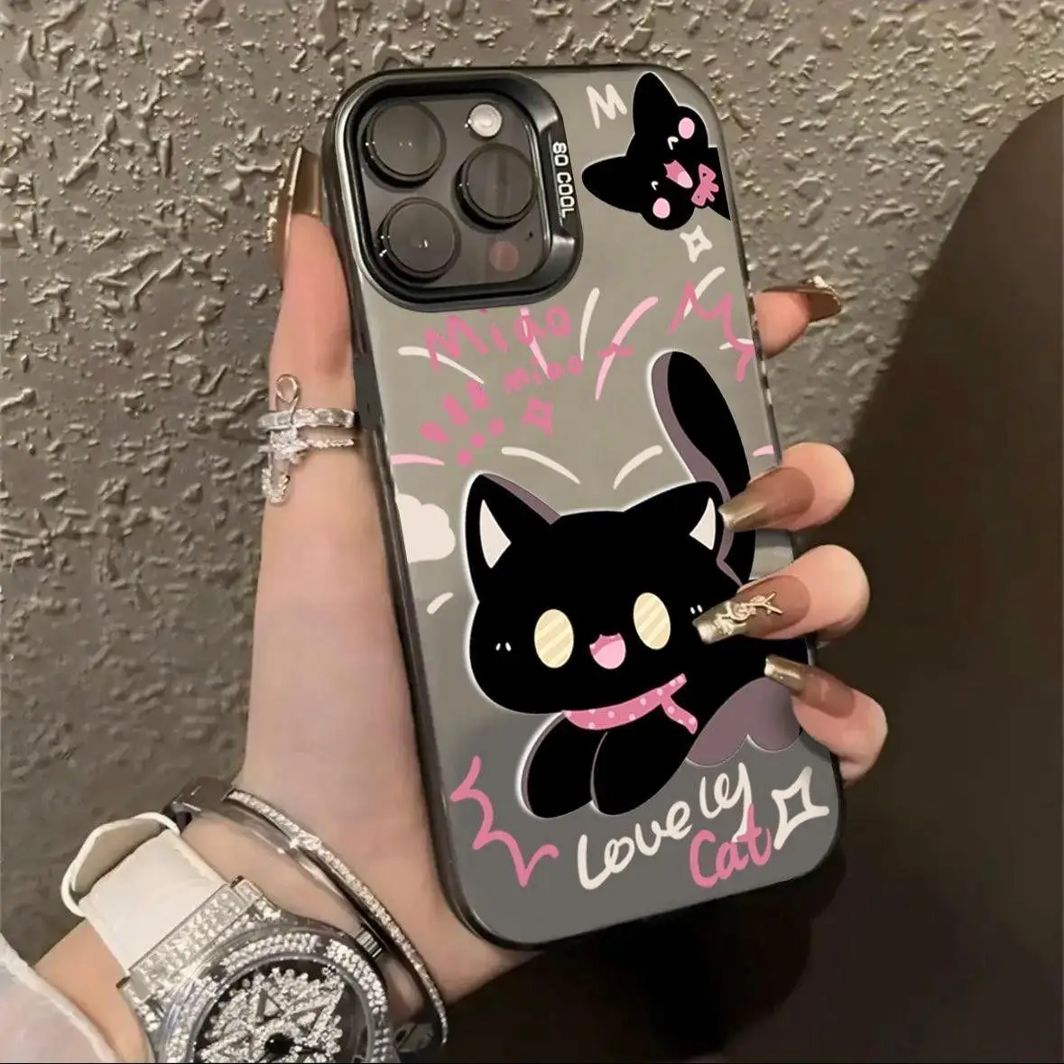 Coque de téléphone antichoc motif chat noir mignon pour iPhone 11 12 13 14 15 16 17 Pro Max, design chat d'amour, esthétique pour filles