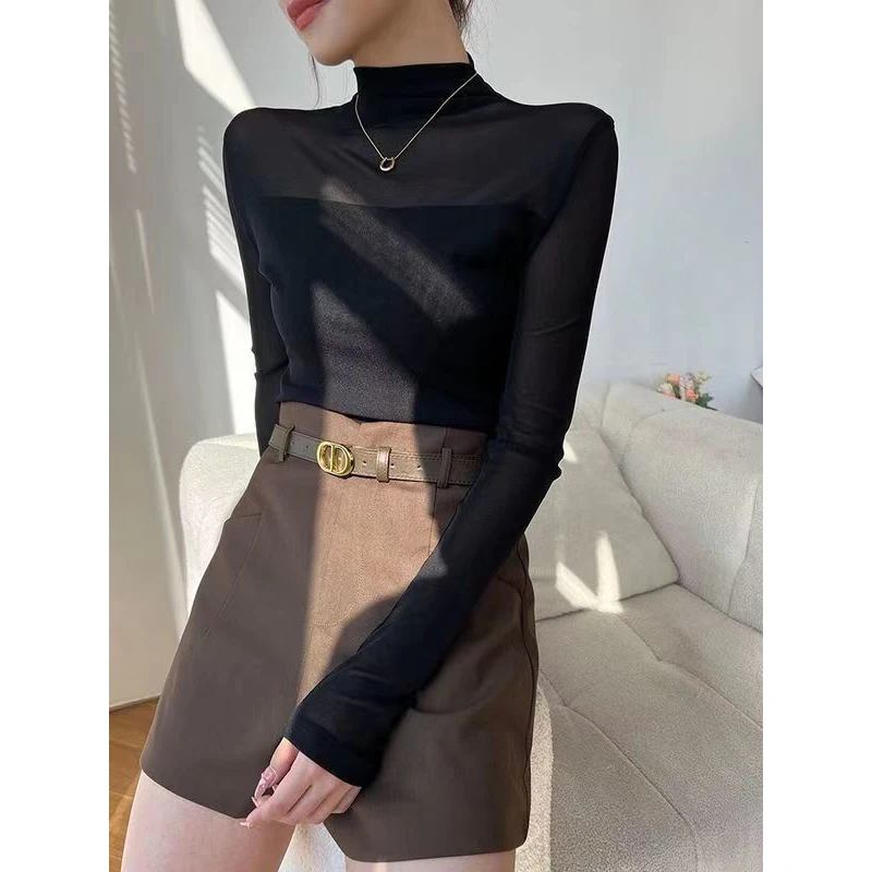 Mock Neck Net Yarn Bottoming Shirt Women Autumn Winter Temperament Slim Long Sleeve T-Shirt Elegant All-match Long Sleeve Tops