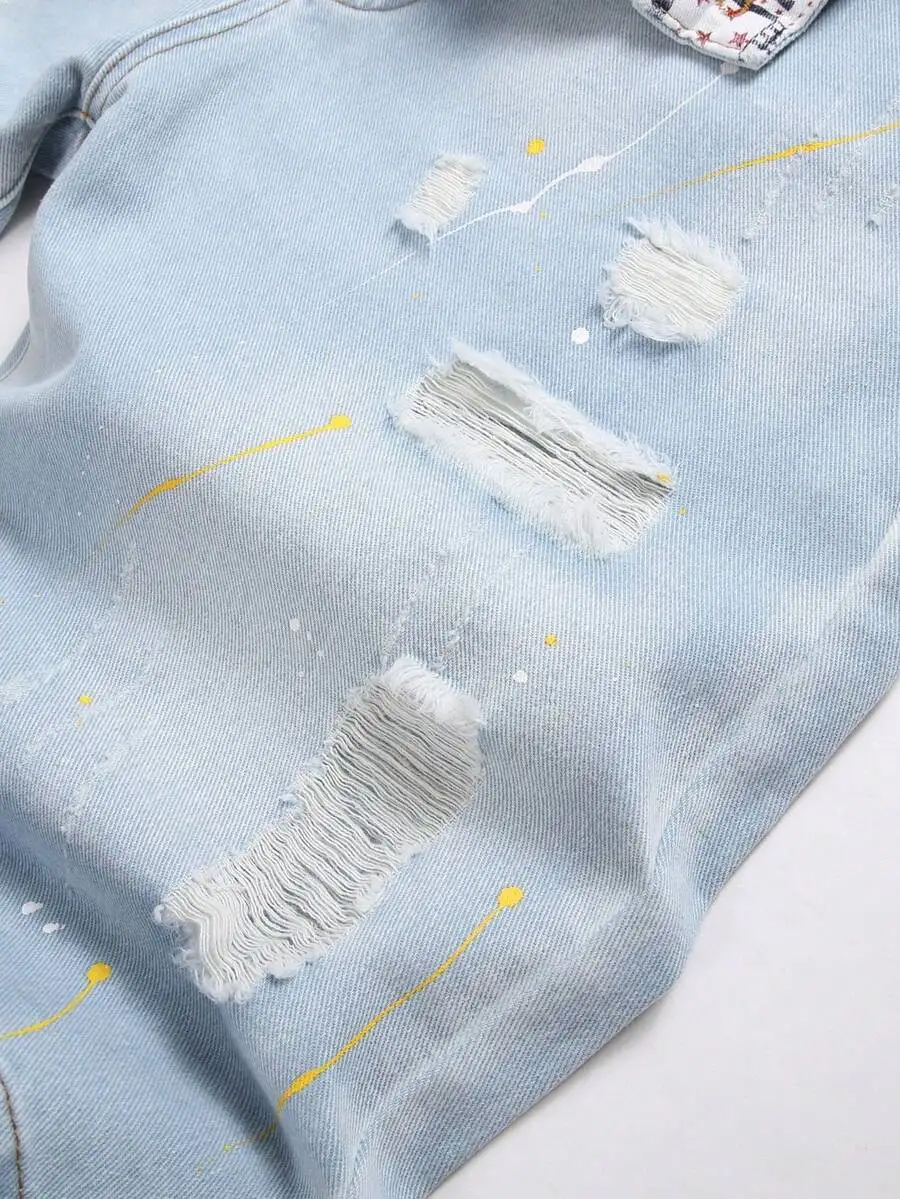Mens Light Wash Ripped Distressed Denim Shorts With Paint Splatter Streetwear Summer Jean Shorts