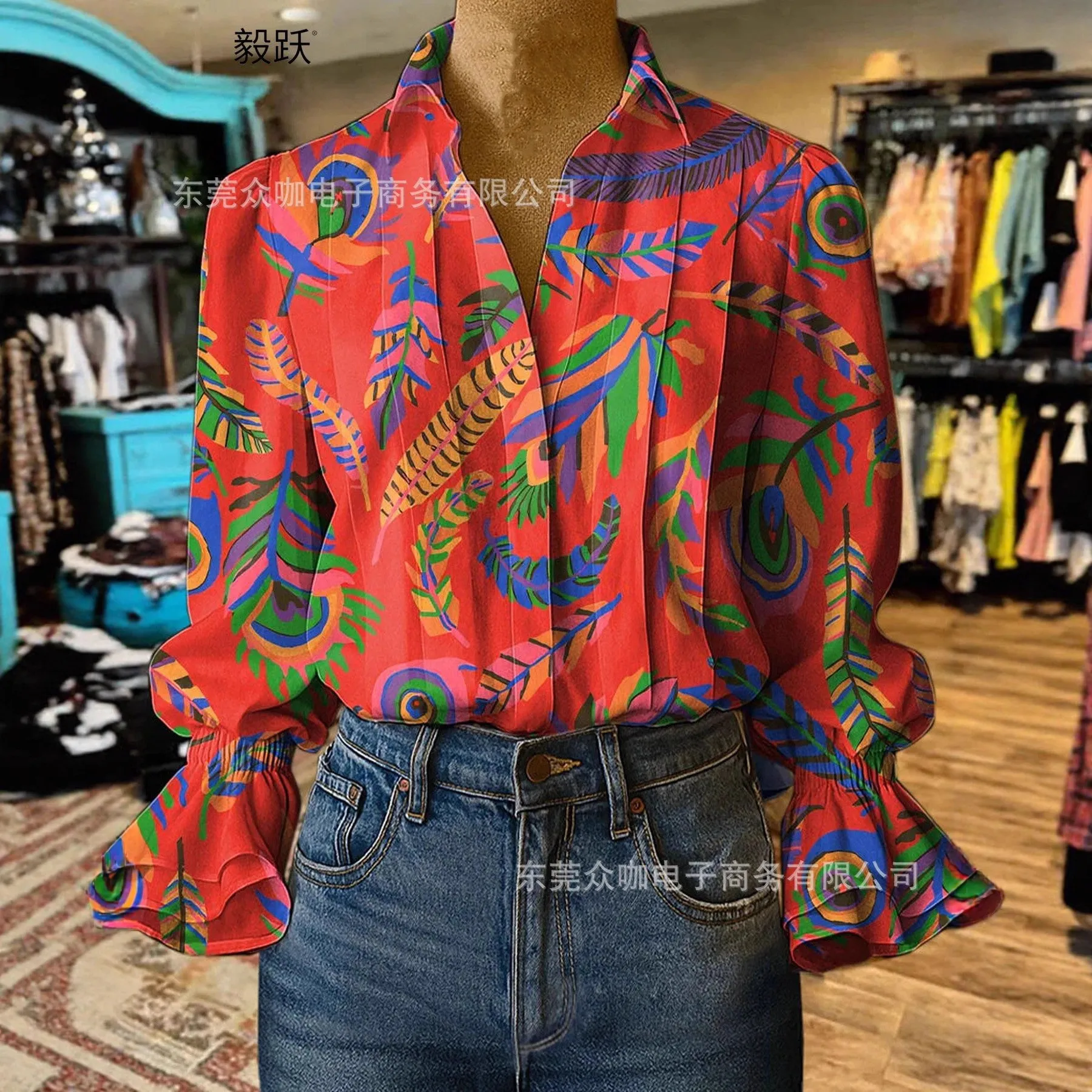

Summer Women's Clothing Flared Sleeve V Neck Casual Wear Loose Blouse For Woman Vintage Color Block 3D Print Bamboo Linen