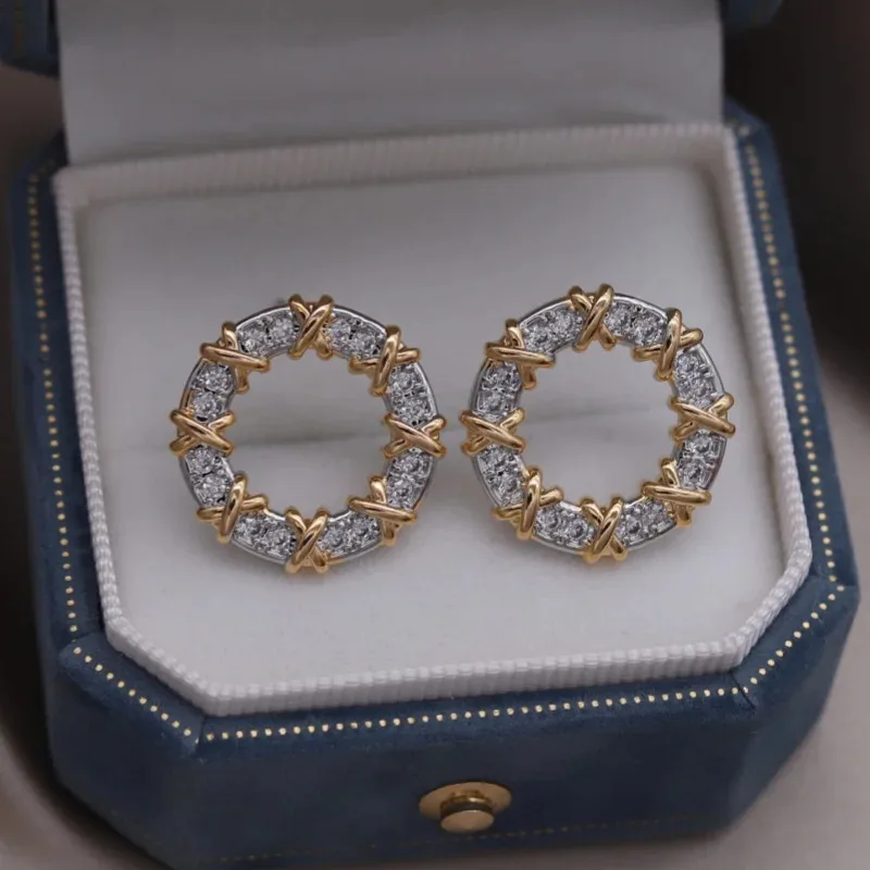 

TUES Korean new design fashion jewelry two-color plated round zircon cross earrings elegant women's daily work accessories