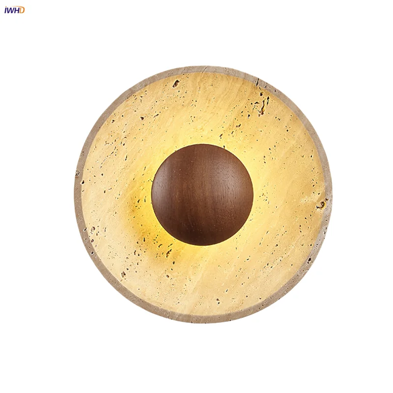 

IWHD Creative Wood LED Wall Lamp Sconce Reataurant Study Retro Loft Disc Yellow Travertine Stone Room Decor Stair Light Fixtures