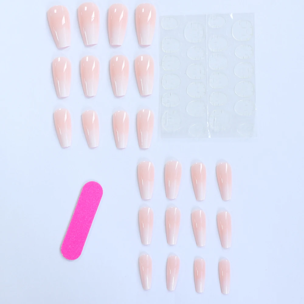 24PCS Long Coffin Pink Press On Nails Fake Press On Nails Gradation Press On Nails Summer Nails