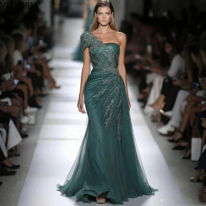 

2025 Pearl Embroidery Chiffon Mermaid Evening Dress Shimmering Banquet Wedding Party Gown Ball Gown Vestdos De Fiesta Customized