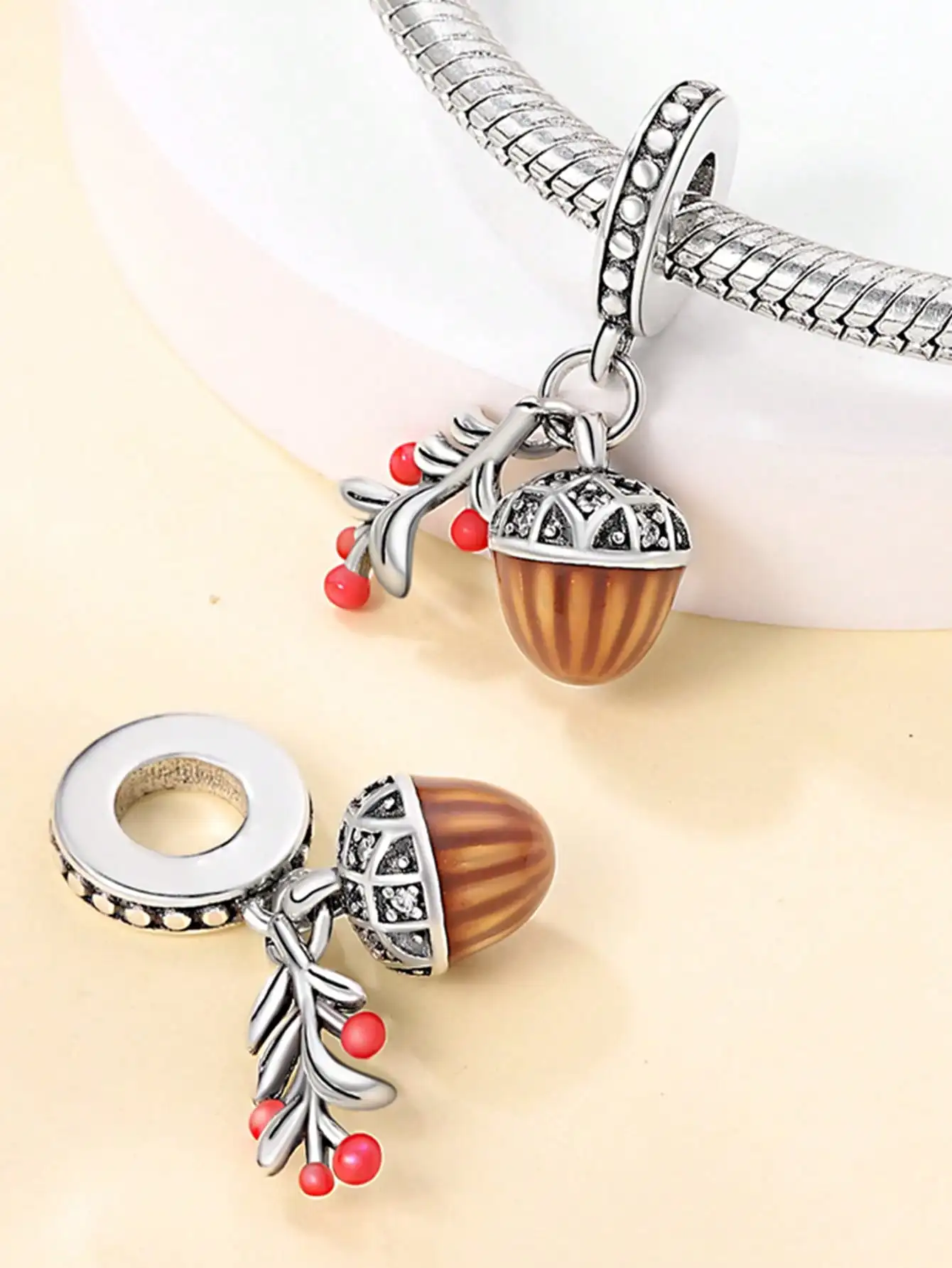 2025 Hot Sale Charms Bead 925 Sterling Silver Autumn Acorns Fallen and  flowers Fit Bangle Bracelet Necklace DIY Jewelry view 6