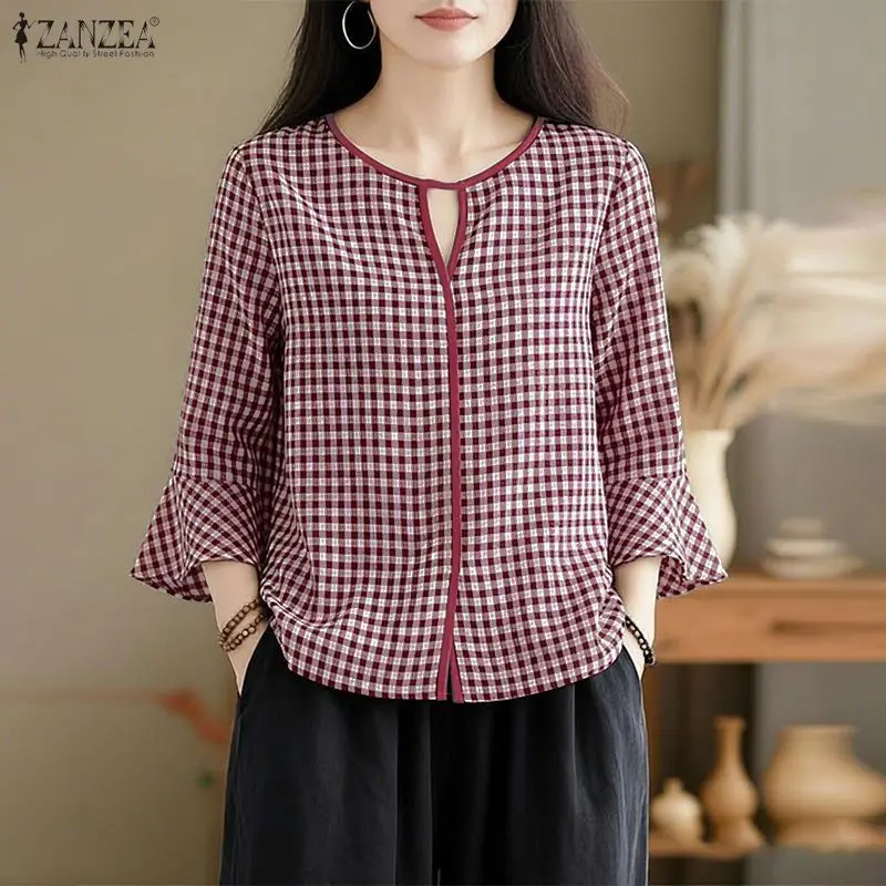 ZANZEA Summer Plaid Patchwork Blouse Women 3/4 Flare Sleeve Cut Out Tops Casual Loose Shirt Female Work Blusas Retro Chemise