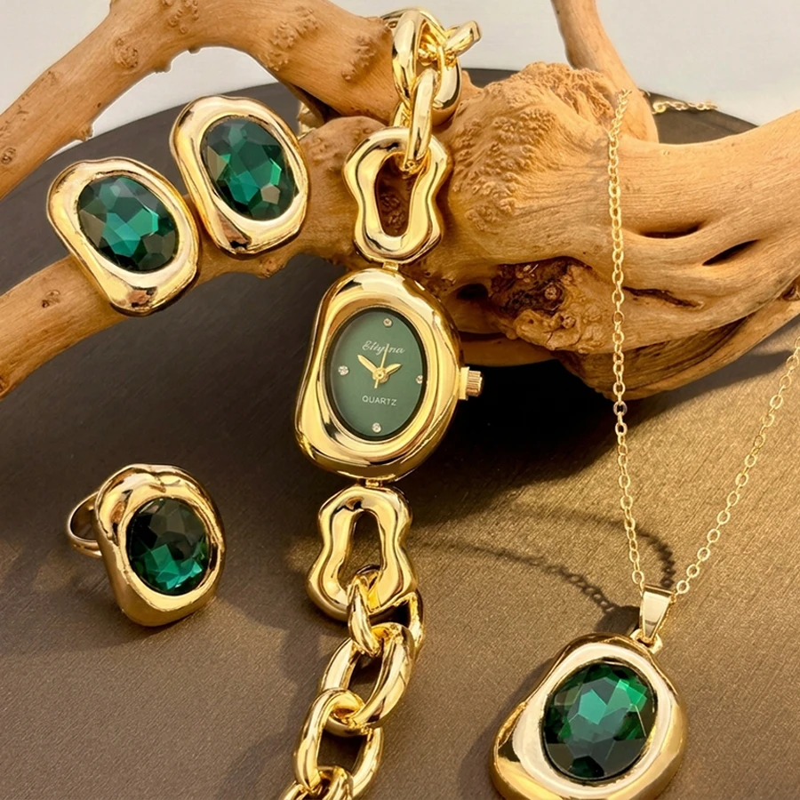Elegant Gold Vintage Irregular-Shaped Watch Jewelry Four-piece Set for Women with Crystal Accents
