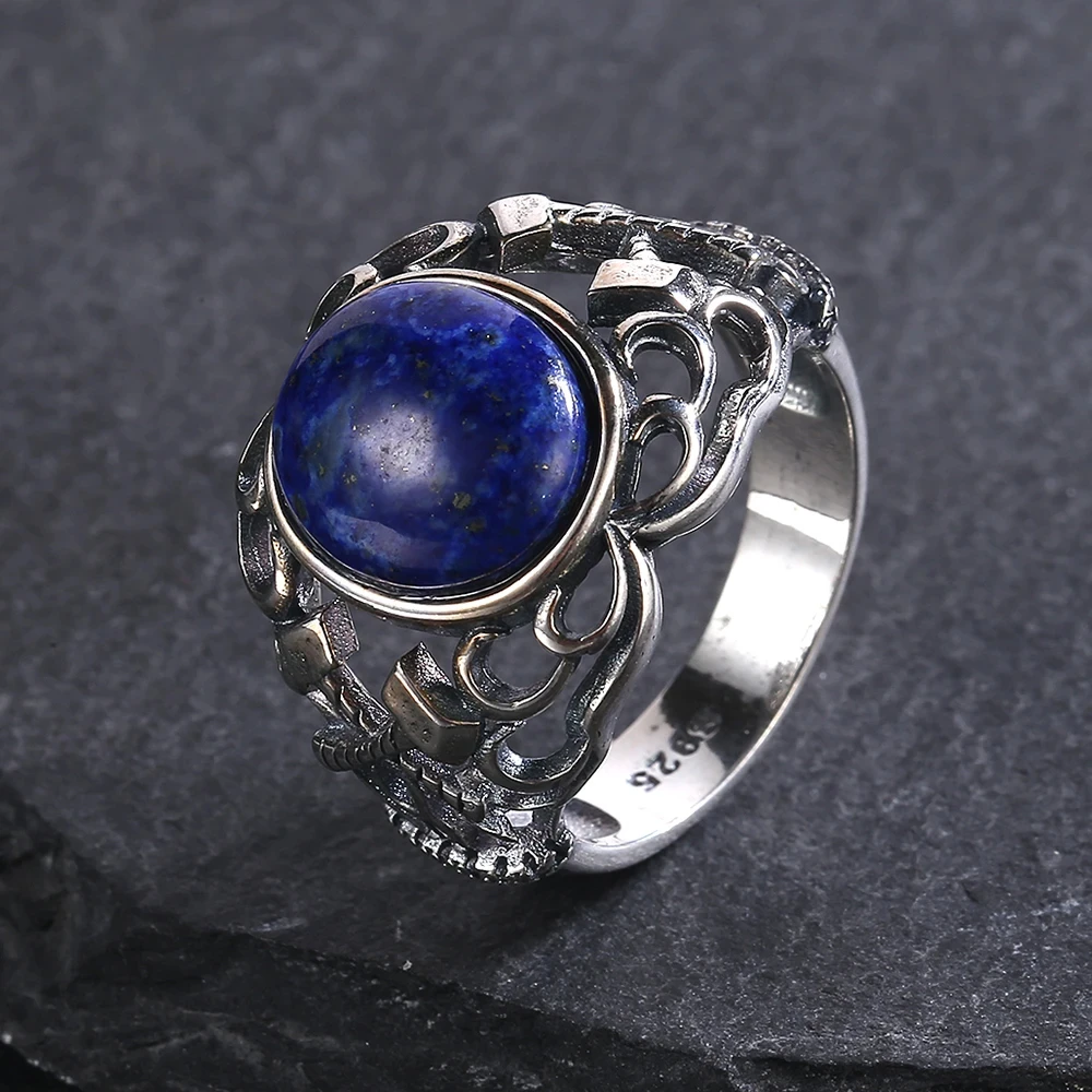 925 Sterling Silver Rings 10*12mm Natural Lapis Lazuli Labradorite Axe Hollow Design Jewelry for Women Turquoise Ring Gift