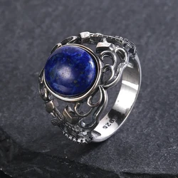 Silver Plated Rings 10*12mm Natural Lapis Lazuli Labradorite Axe Hollow Design Jewelry for Women Turquoise Ring Gift