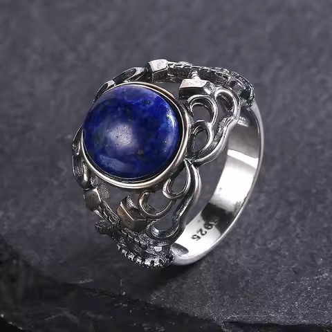 S925 Silver Rings 10*12mm Natural Lapis Lazuli Labradorite Axe Hollow Design Jewelry for Women Turquoise Ring Gift