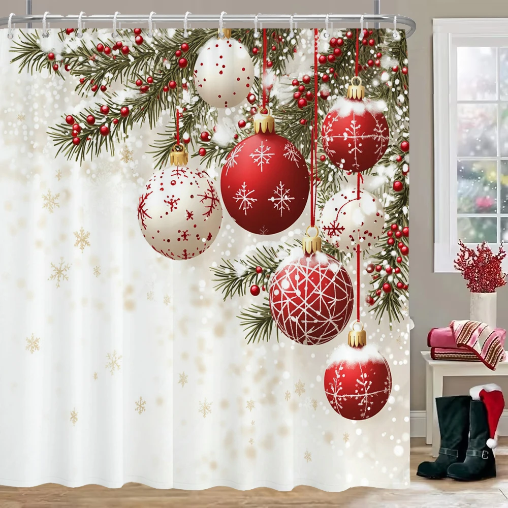 

Christmas Bell Shower Curtain Winter Wonderland Snowman Home Bathroom Decorations Xmas Bathtub Curtain Set with