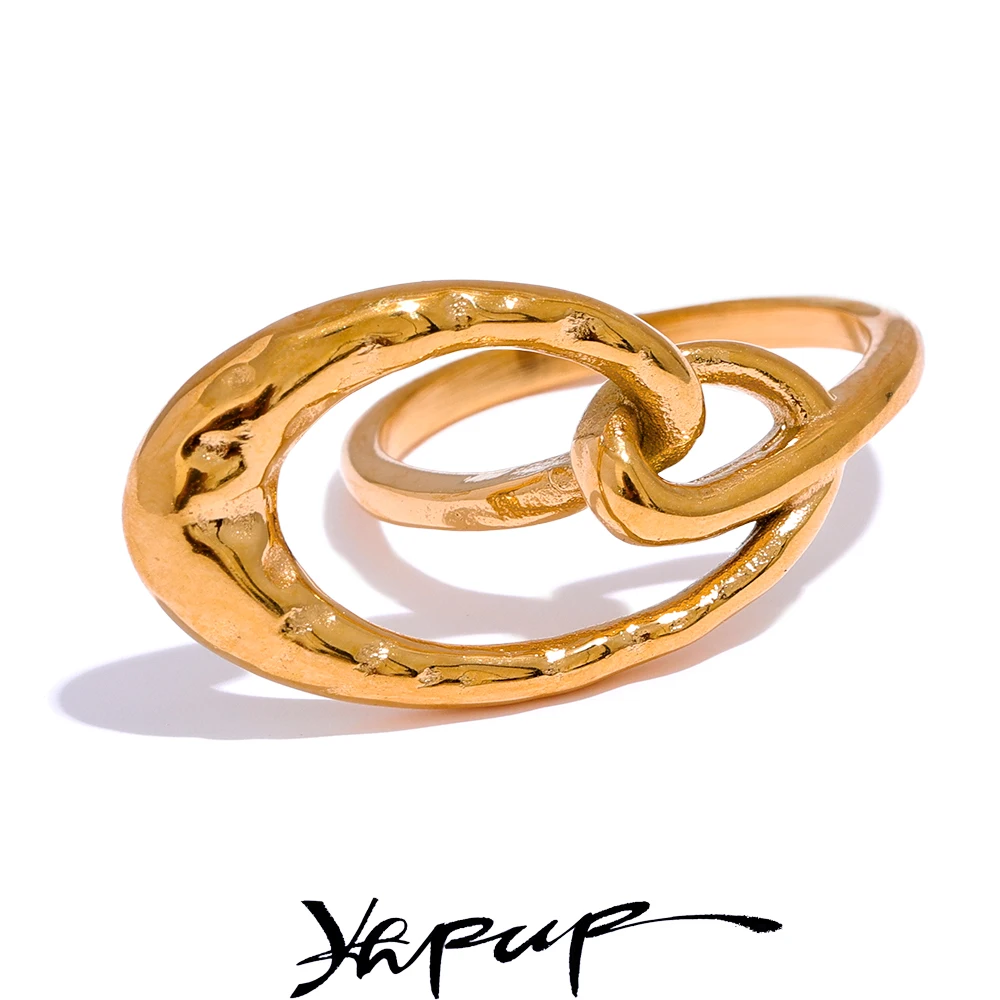 Yhpup Stylish Unique Design Stainless Steel Hollow Irregular Geometric Ring Waterproof Golden Fashion Charm Jewelry Women
