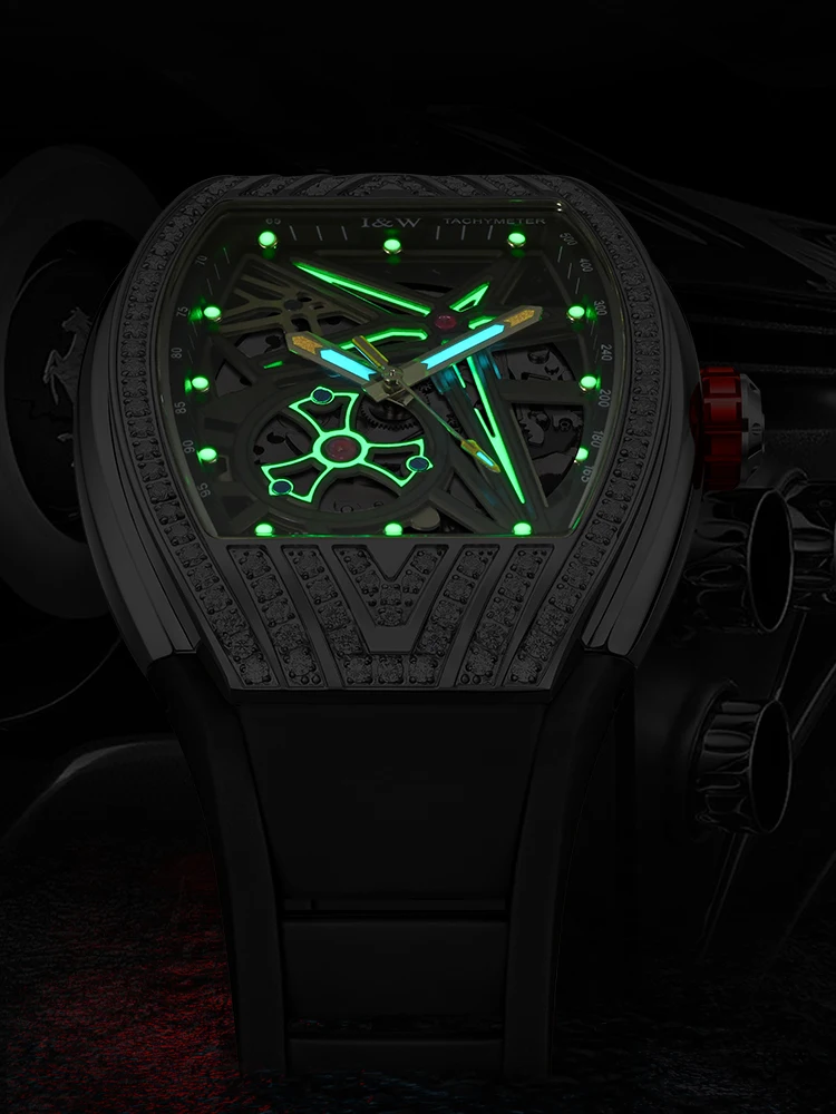 CARNIVAL High End Tonneau Skeleton Watches for Men Luxury Brand Automatic Watch Luminous Rubber Bracelet Waterproof Reloj Hombre