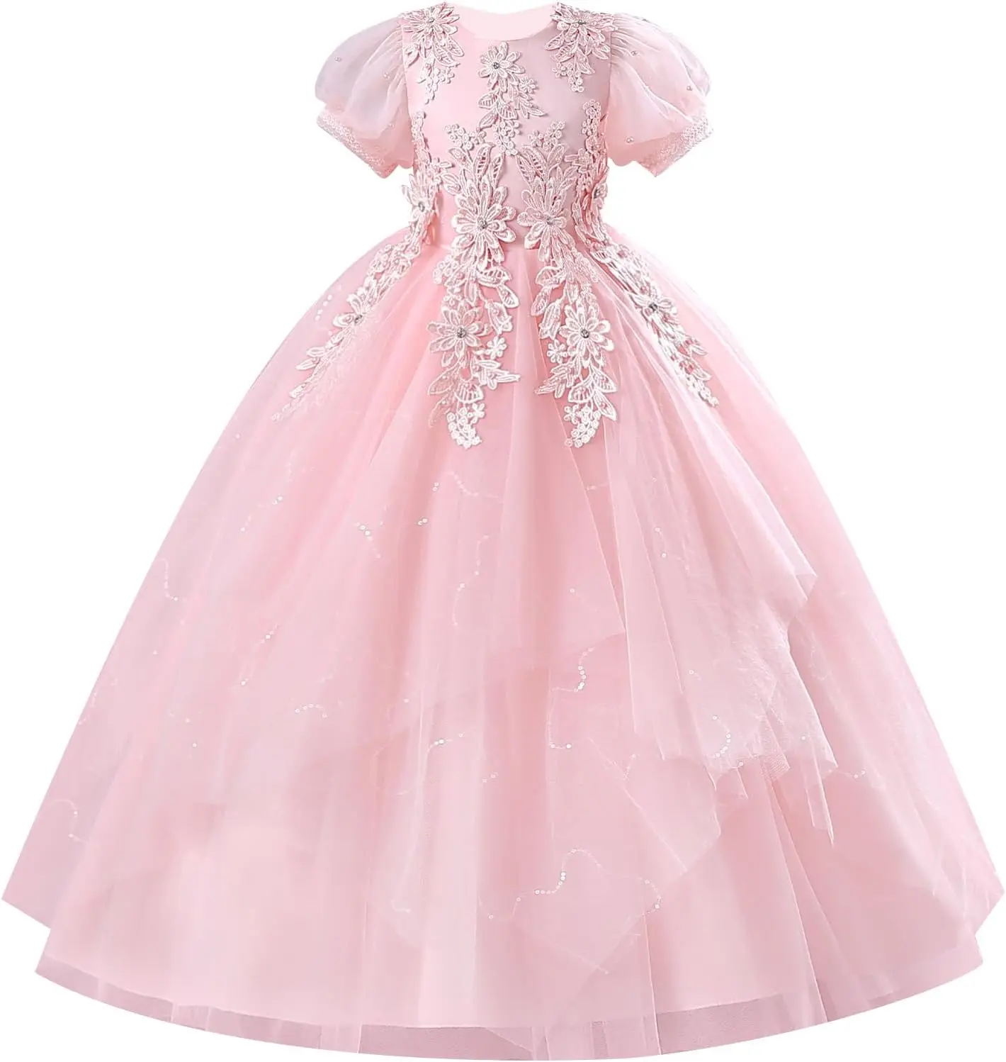 زهرة فتاة الترتر ملصق فستان الأطفال الزفاف وصيفة الشرف ، الأميرة حفلة عيد ميلاد الكرة الشيفون ثوب مسائي بالتواصل اللباس